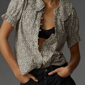 NEW Cute White Brown Black Floral Short Sleeve Blouse